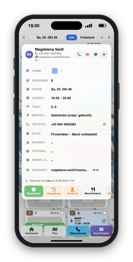 Reservierungsdetails in Olivia mit Einchecken, Verspätung, No-Show und Menü-Vorbestellung